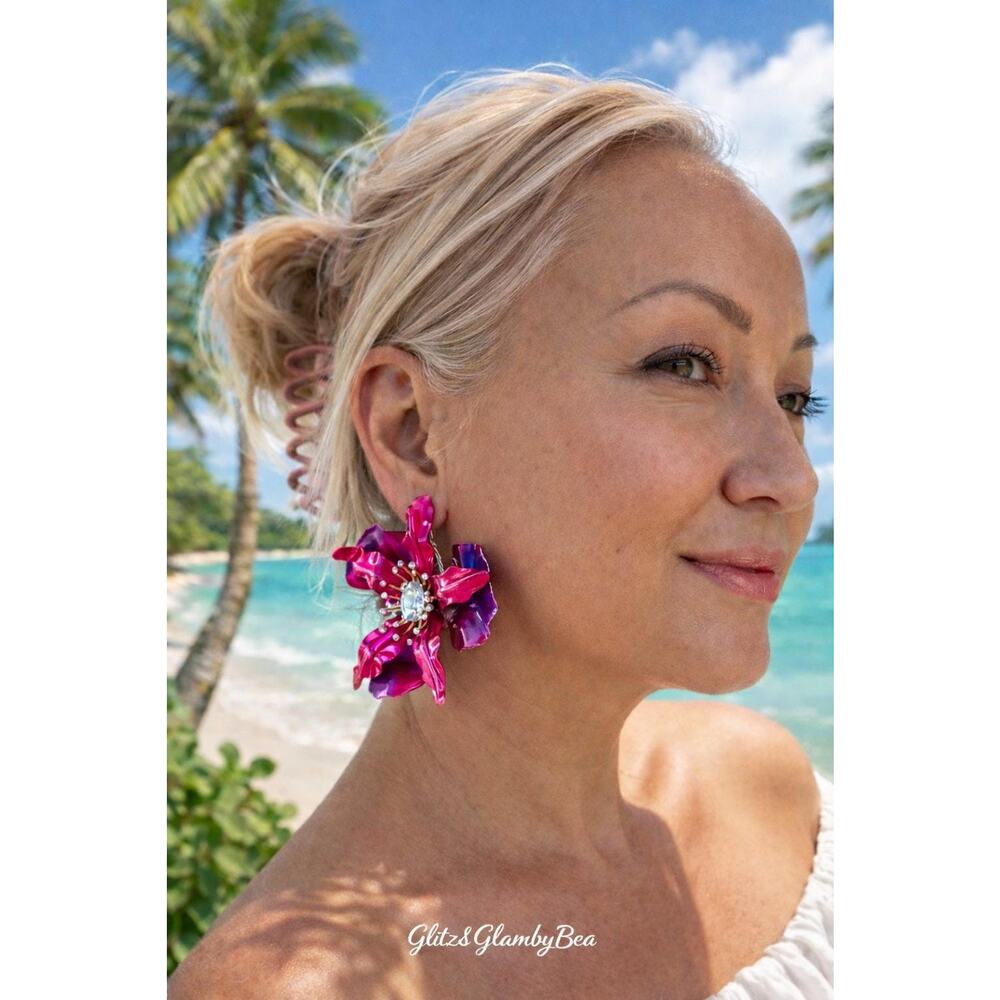 Betsey Johnson large orchid cocktail Purple Pink Stretch Ring - Picture 7 of 7
